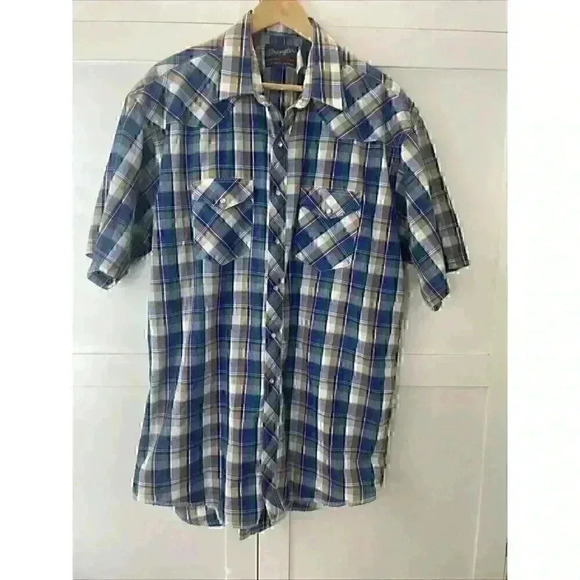 Wrangler WRancher Shirt Mens XL Plaid Pearl Snap Short Sleeve Flap Pockets Blue - Picture 1 of 13